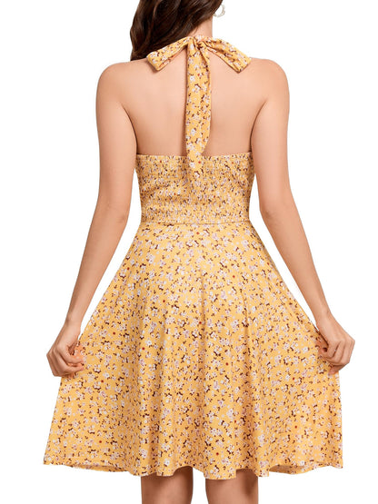 Women's Sexy Sundress Halter V Neck Tie Back Sleeveless Ruffle Mini Short Summer Beach Dresses