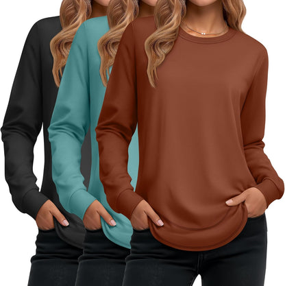 Ficerd 3 Pack Women's Long Sleeve Shirts, Cotton Crew Neck Tunic Tops Casual Loose Fit Pullover Sweatshirts Curved Hem Shirts
