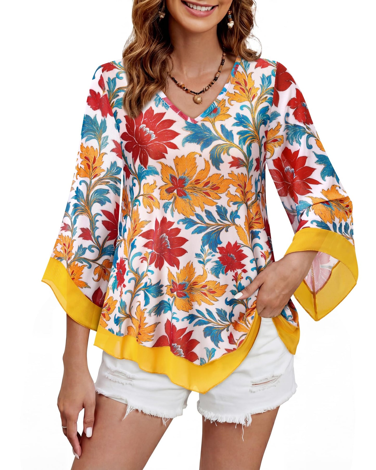 Lotusmile Womens Dressy Blouse Double Layers Mesh Shirt Ruffle 3/4 Flared Sleeve Tunic Tops