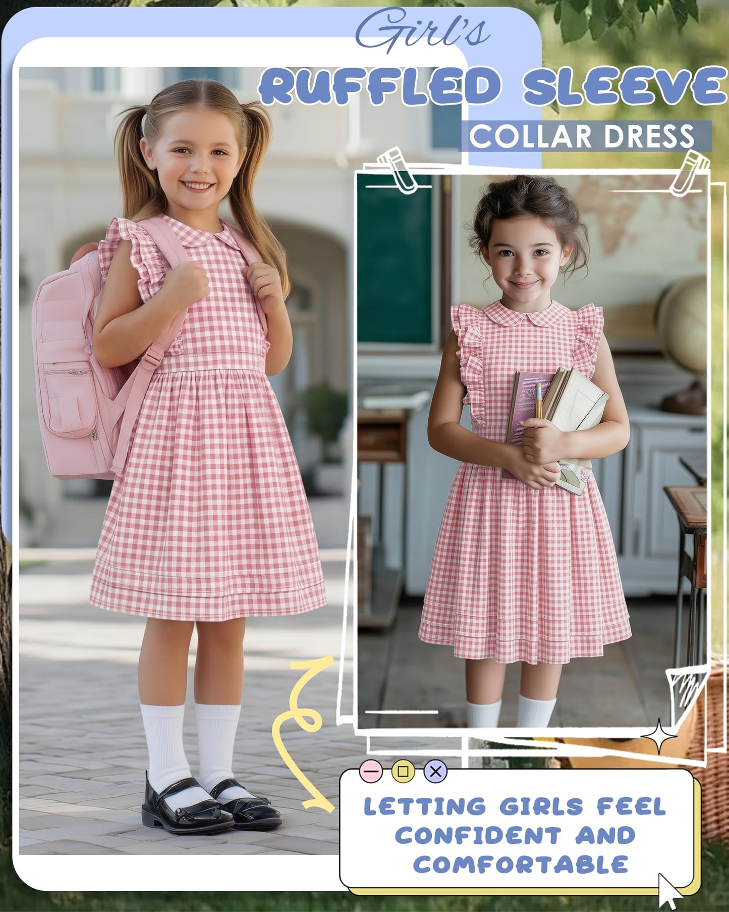 Xaatren Girls' Ruffle Sleeves Dress 5-14 Years Doll Collar Plaid Midi Length Gingham Flutter Pockets Summer Dress with Zipper