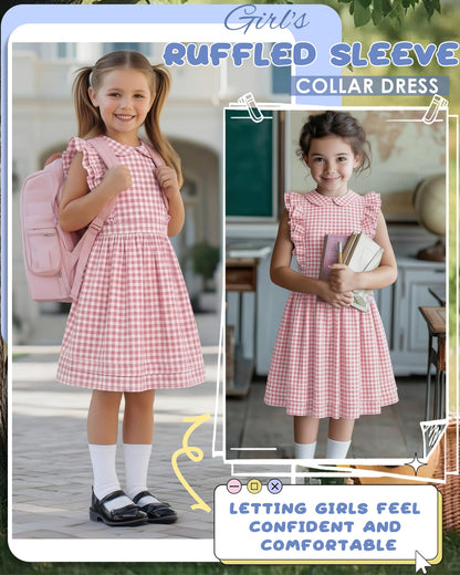Xaatren Girls' Ruffle Sleeves Dress 5-14 Years Doll Collar Plaid Midi Length Gingham Flutter Pockets Summer Dress with Zipper