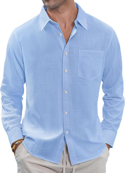 J.VER Men's Linen Shirts Casual Button Down Long Sleeve Shirt Solid Spread Collar Summer Beach Shirts with Pocket