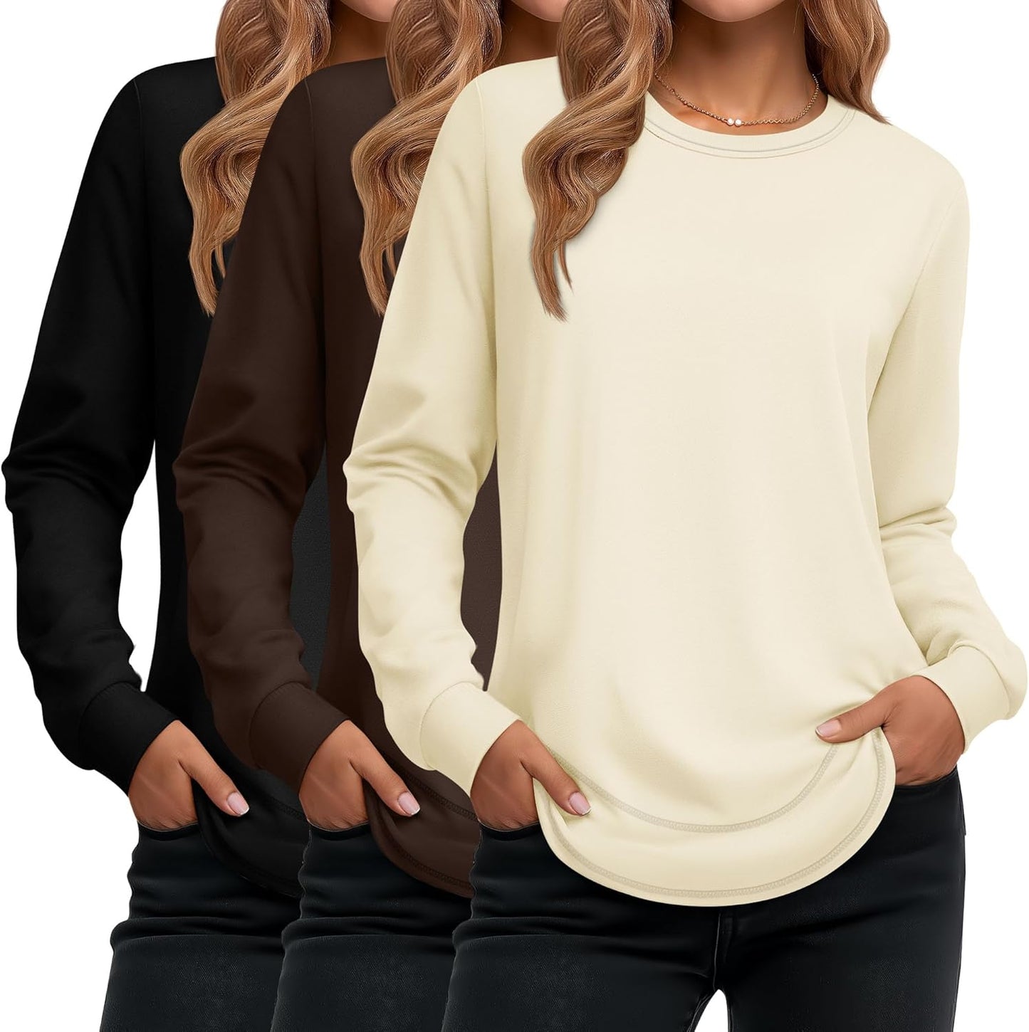 Ficerd 3 Pack Women's Long Sleeve Shirts, Cotton Crew Neck Tunic Tops Casual Loose Fit Pullover Sweatshirts Curved Hem Shirts