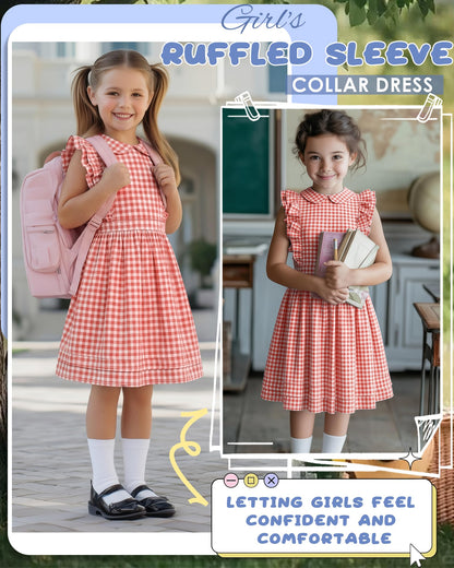 Xaatren Girls' Ruffle Sleeves Dress 5-14 Years Doll Collar Plaid Midi Length Gingham Flutter Pockets Summer Dress with Zipper