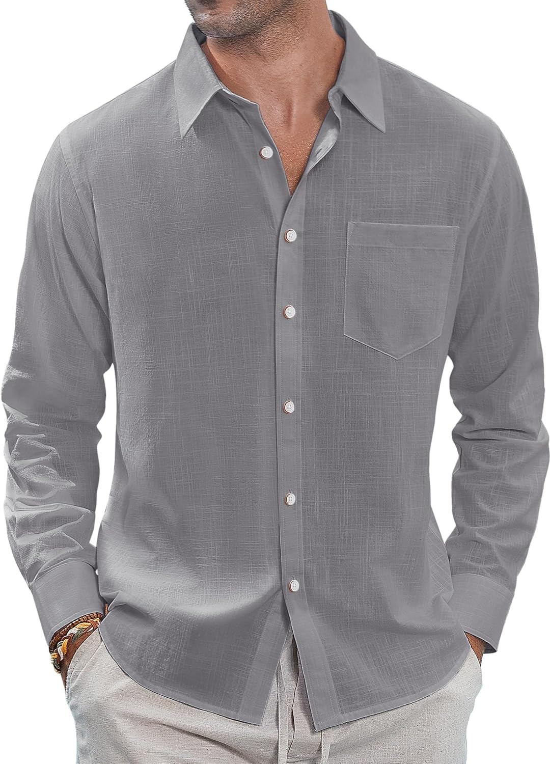 J.VER Men's Linen Shirts Casual Button Down Long Sleeve Shirt Solid Spread Collar Summer Beach Shirts with Pocket