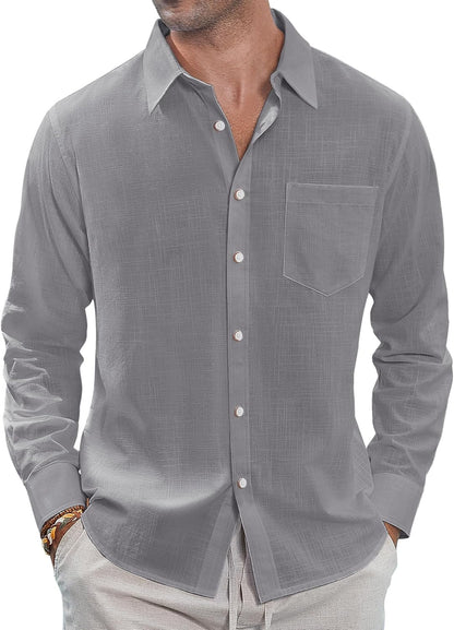 J.VER Men's Linen Shirts Casual Button Down Long Sleeve Shirt Solid Spread Collar Summer Beach Shirts with Pocket