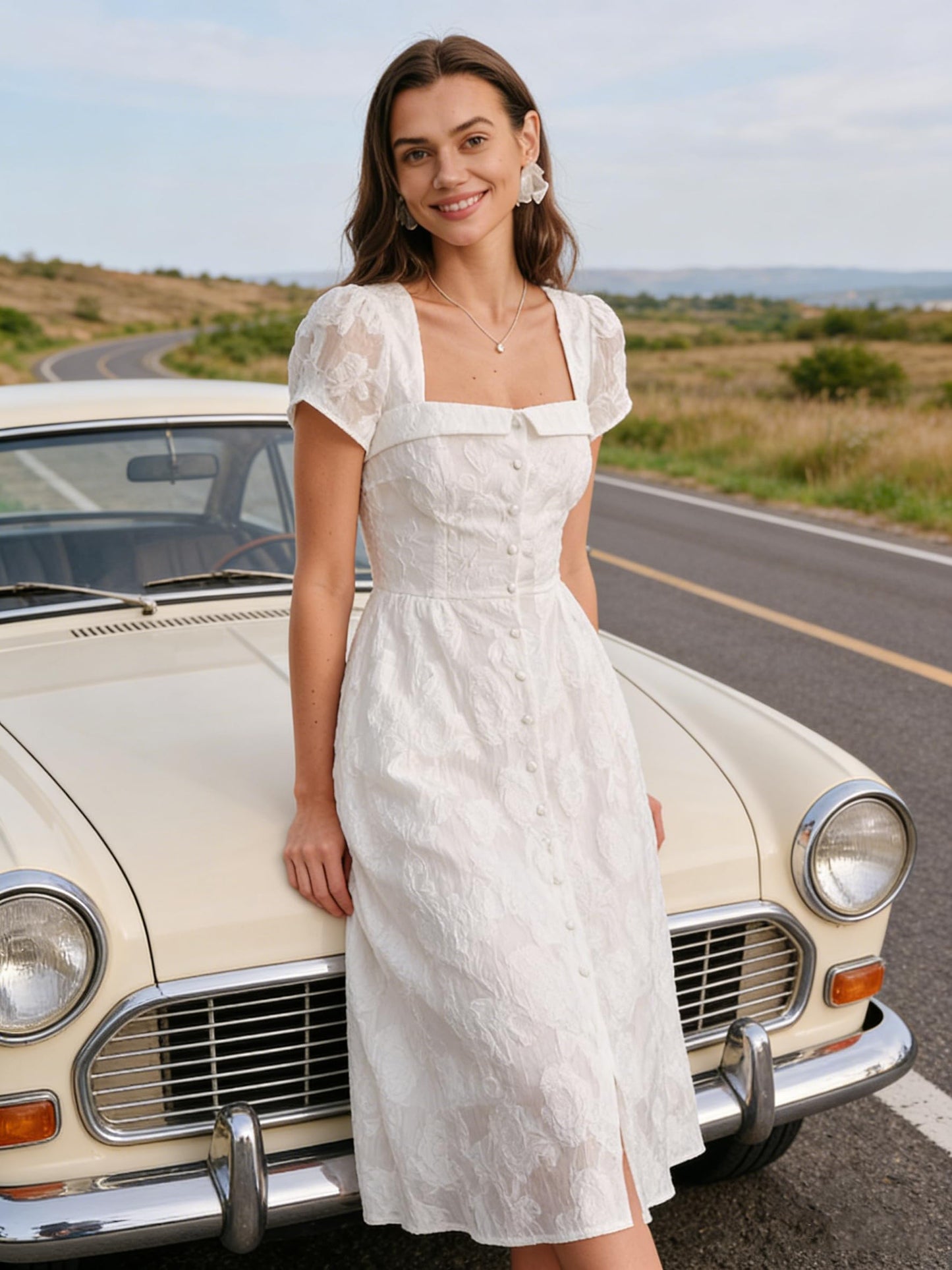 RIHOAS Elegant Casual Dresses for Women Short Sleeve Puff Square Neck A-Line Midi Dress