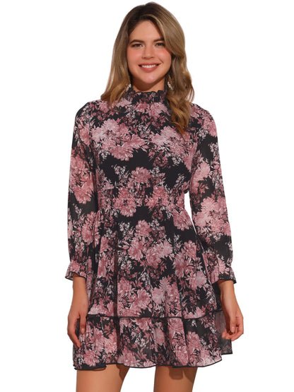 Allegra K Women's Floral Dress Chiffon Long Sleeve Mock Neck Ruffle Layered Smocked Mini Dresses
