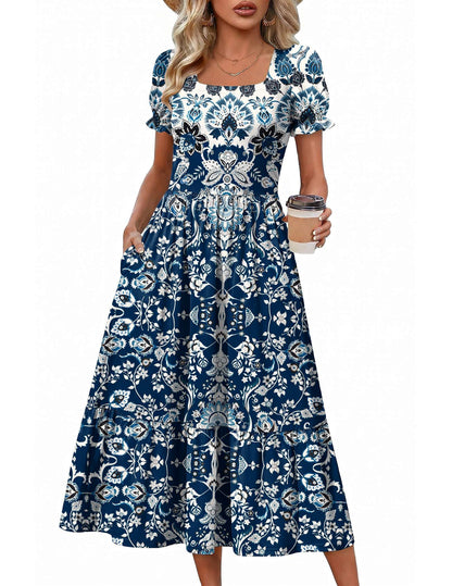 Zeagoo Summer Dresses for Women Flowy Casual Midi Dress Short Sleeve Tiered Dress Beach Vacation Sundresses with Pockets