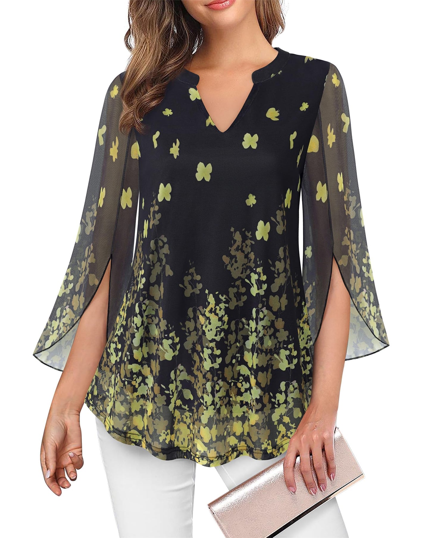 VALOLIA Women's 3/4 Sleeve Floral Tunic Tops V Neck Double Layers Loose Fit Mesh Blouses Shirt