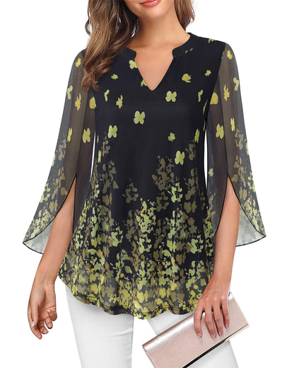 VALOLIA Women's 3/4 Sleeve Floral Tunic Tops V Neck Double Layers Loose Fit Mesh Blouses Shirt