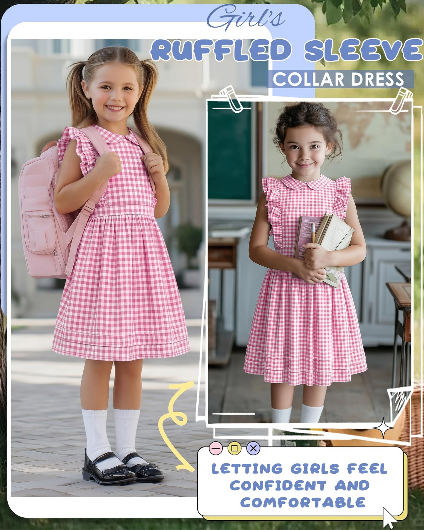 Xaatren Girls' Ruffle Sleeves Dress 5-14 Years Doll Collar Plaid Midi Length Gingham Flutter Pockets Summer Dress with Zipper
