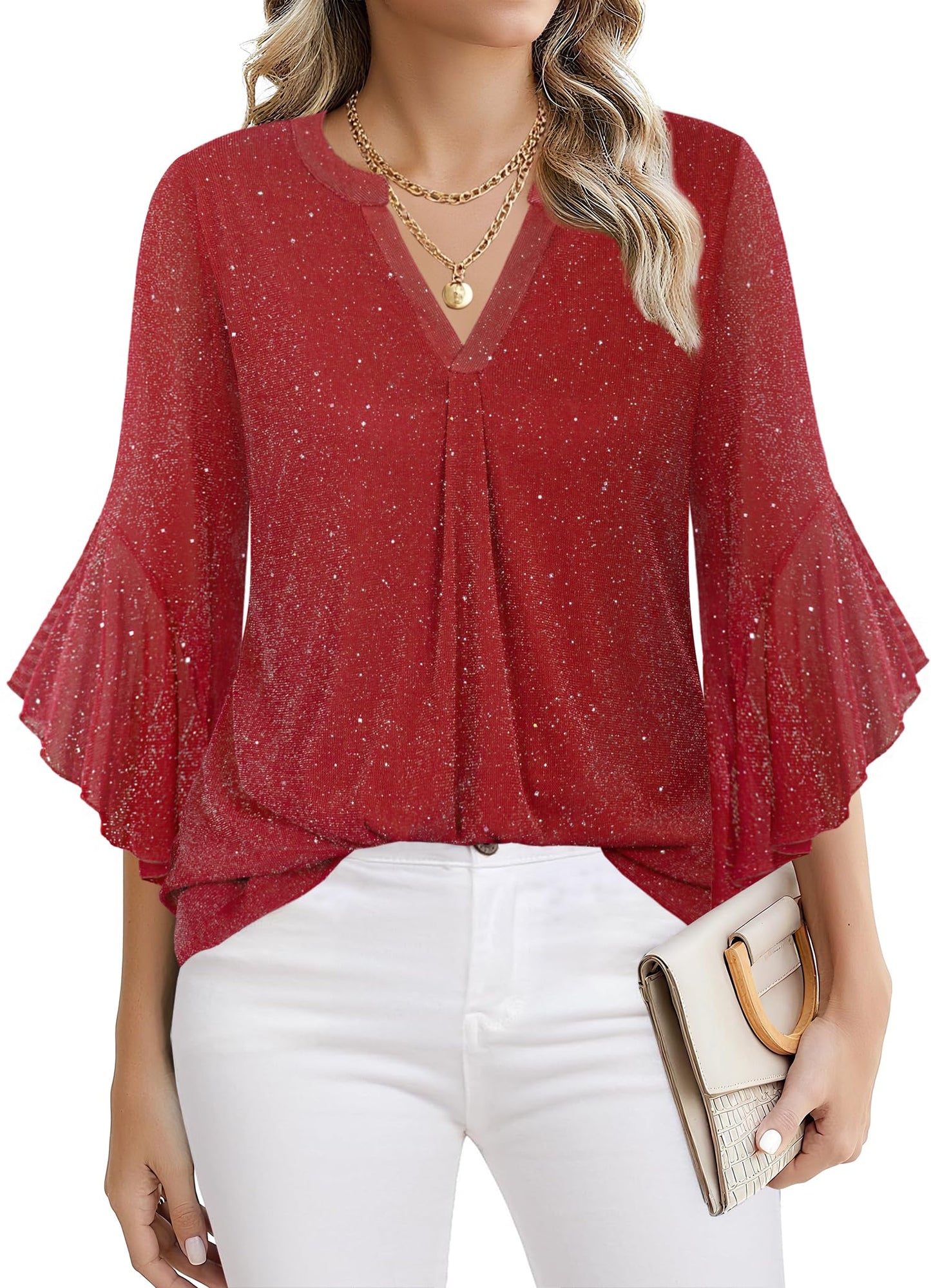 Ninedaily Womens Sparkly Tops 3/4 Sleeve Dressy Casual Sequin Blouses Double Layers Loose V Neck Shirt