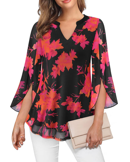 VALOLIA Women's 3/4 Sleeve Floral Tunic Tops V Neck Double Layers Loose Fit Mesh Blouses Shirt