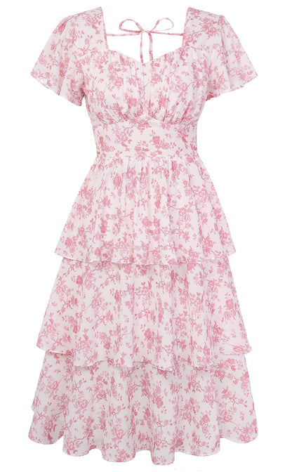 Belle Poque Women's Vintage Square Neck Dress 2026 Summer Short Sleeve Layered Tiered Ruffle A-line Swing Midi Dress