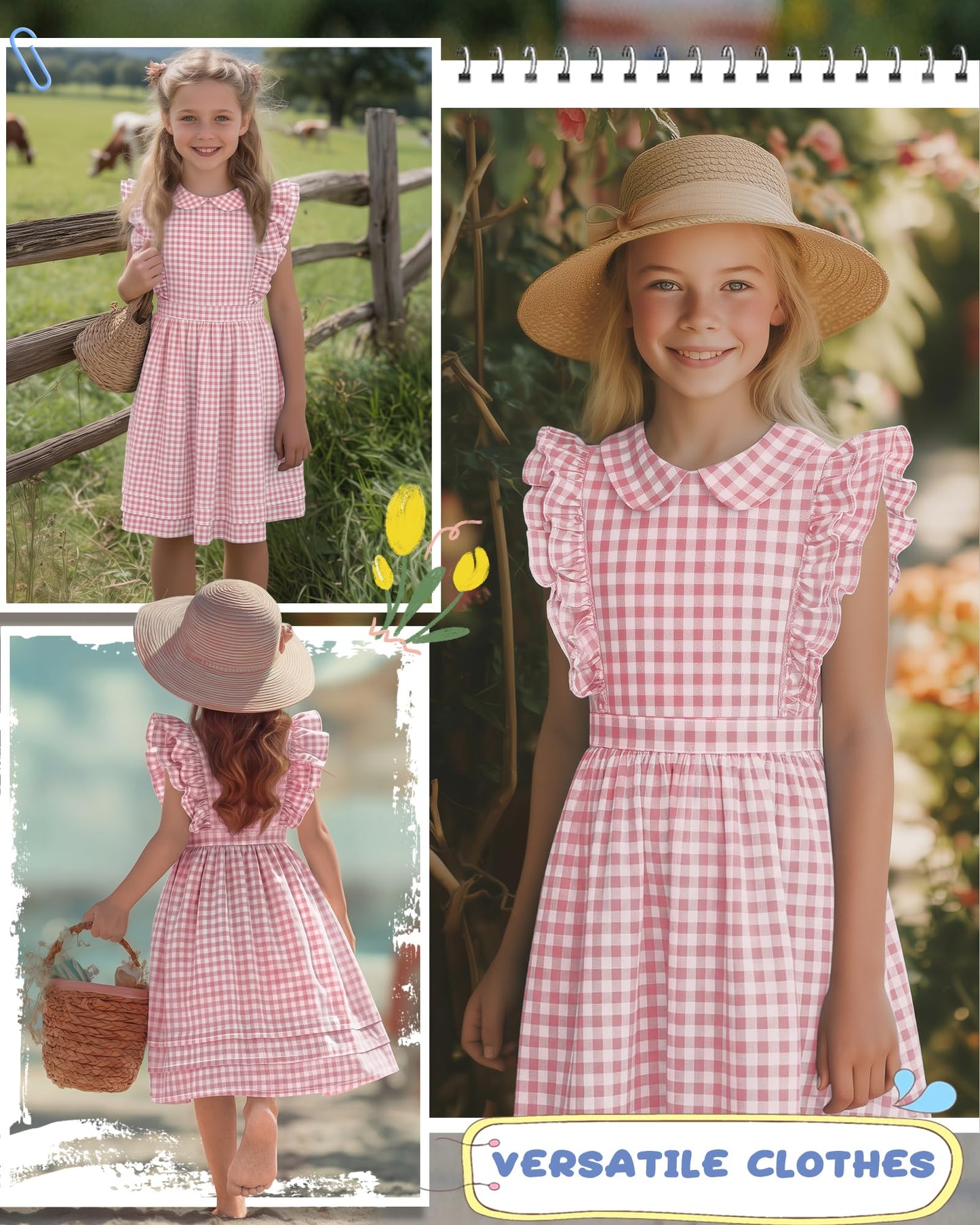 Xaatren Girls' Ruffle Sleeves Dress 5-14 Years Doll Collar Plaid Midi Length Gingham Flutter Pockets Summer Dress with Zipper