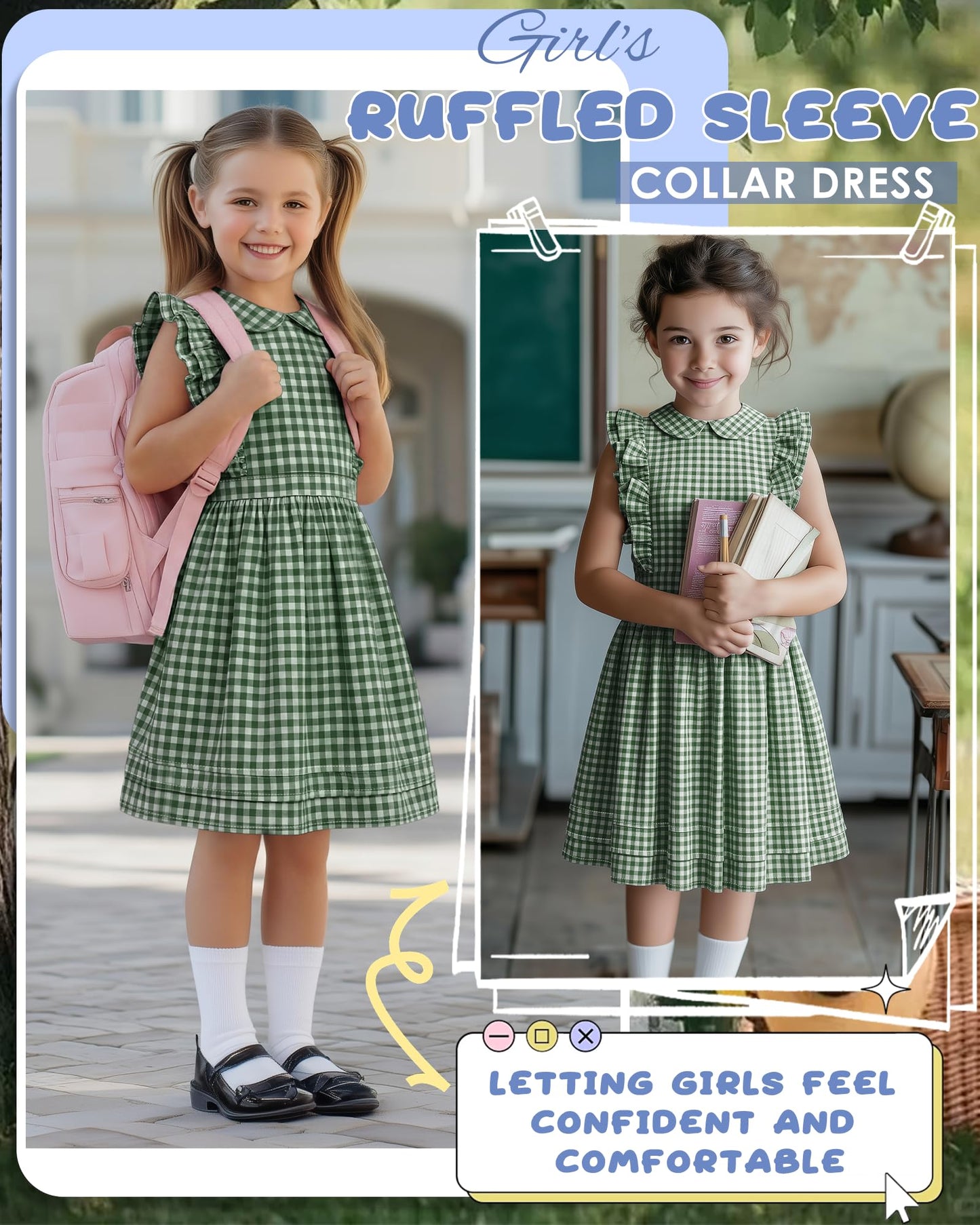 Xaatren Girls' Ruffle Sleeves Dress 5-14 Years Doll Collar Plaid Midi Length Gingham Flutter Pockets Summer Dress with Zipper