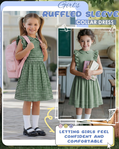 Xaatren Girls' Ruffle Sleeves Dress 5-14 Years Doll Collar Plaid Midi Length Gingham Flutter Pockets Summer Dress with Zipper