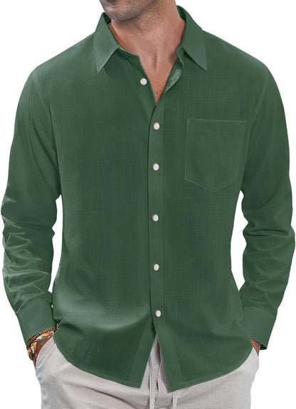 J.VER Men's Linen Shirts Casual Button Down Long Sleeve Shirt Solid Spread Collar Summer Beach Shirts with Pocket