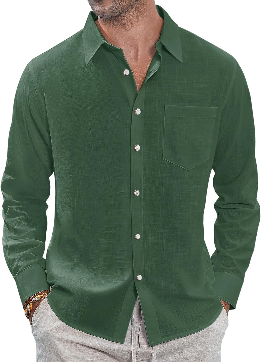 J.VER Men's Linen Shirts Casual Button Down Long Sleeve Shirt Solid Spread Collar Summer Beach Shirts with Pocket