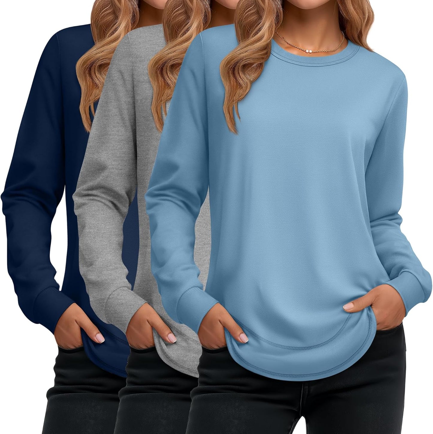 Ficerd 3 Pack Women's Long Sleeve Shirts, Cotton Crew Neck Tunic Tops Casual Loose Fit Pullover Sweatshirts Curved Hem Shirts
