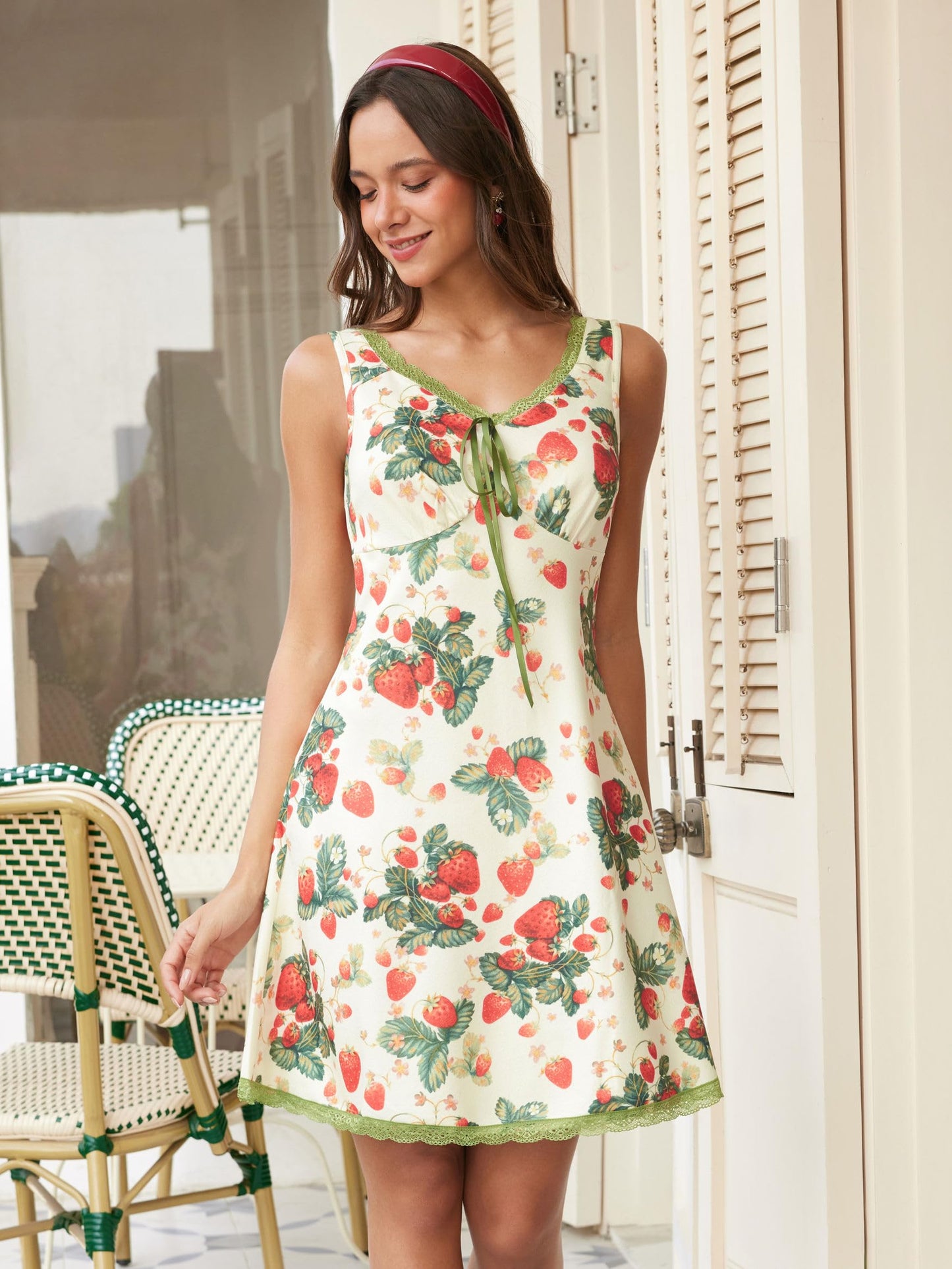 CIDER Women's Floral Mini Dress Fruit Sleeveless V Neck Lace Trim Sun Dress A Line Cute Summer Dresses Beach Vacation Outfits