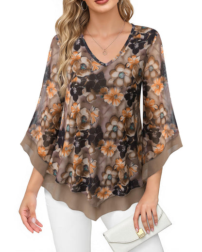 Lotusmile Womens Dressy Blouse Double Layers Mesh Shirt Ruffle 3/4 Flared Sleeve Tunic Tops