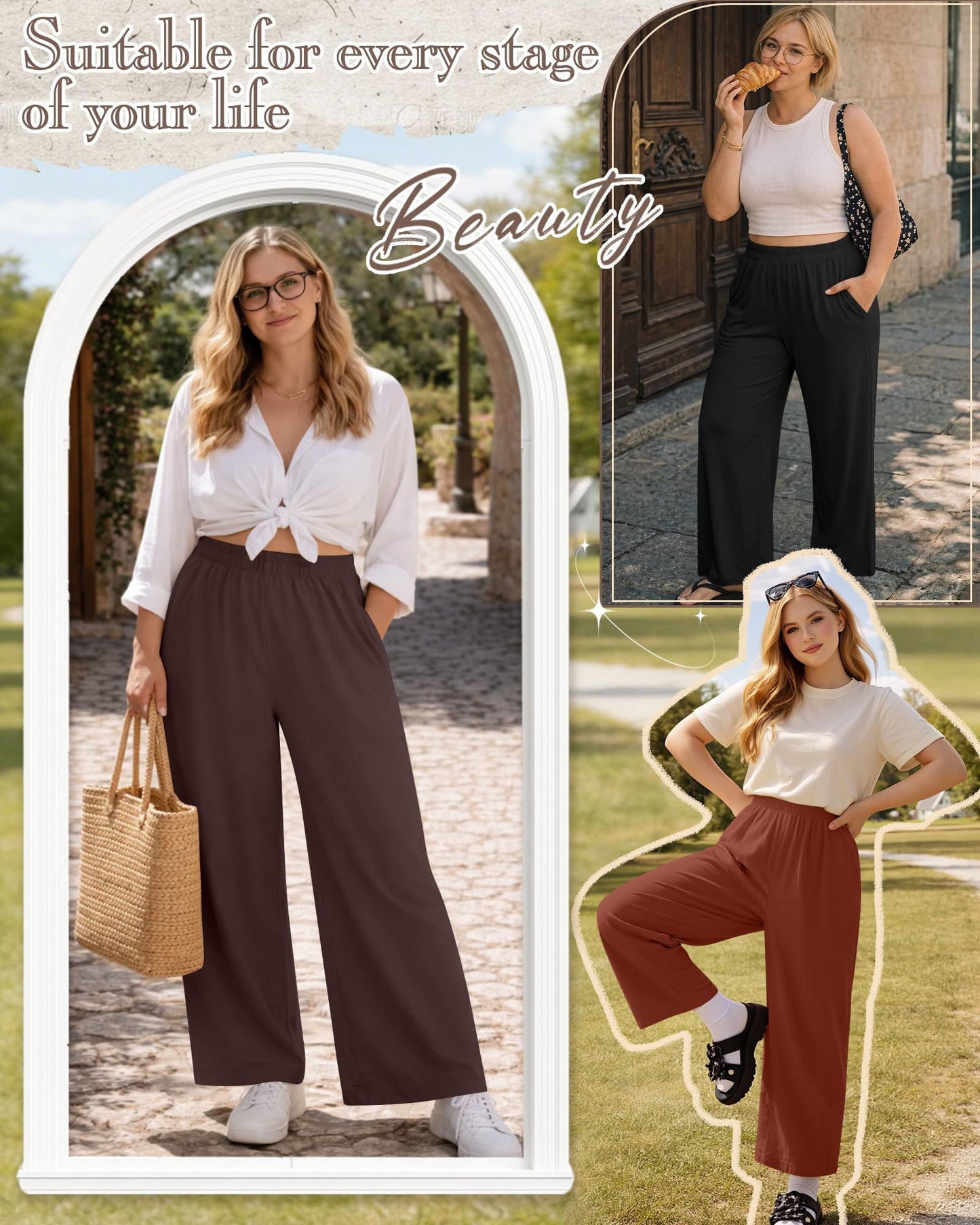 Evervibe 3 Pack Women Plus Size Wide Leg Pants Loose Fit Palazzo Lounge Yoga Sweatpants High Waist Casual Pajamas Pants
