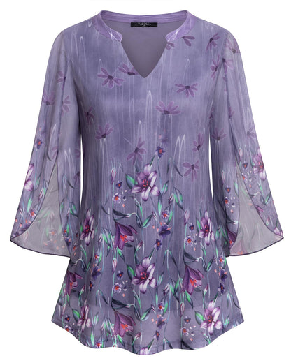 VALOLIA Women's 3/4 Sleeve Floral Tunic Tops V Neck Double Layers Loose Fit Mesh Blouses Shirt