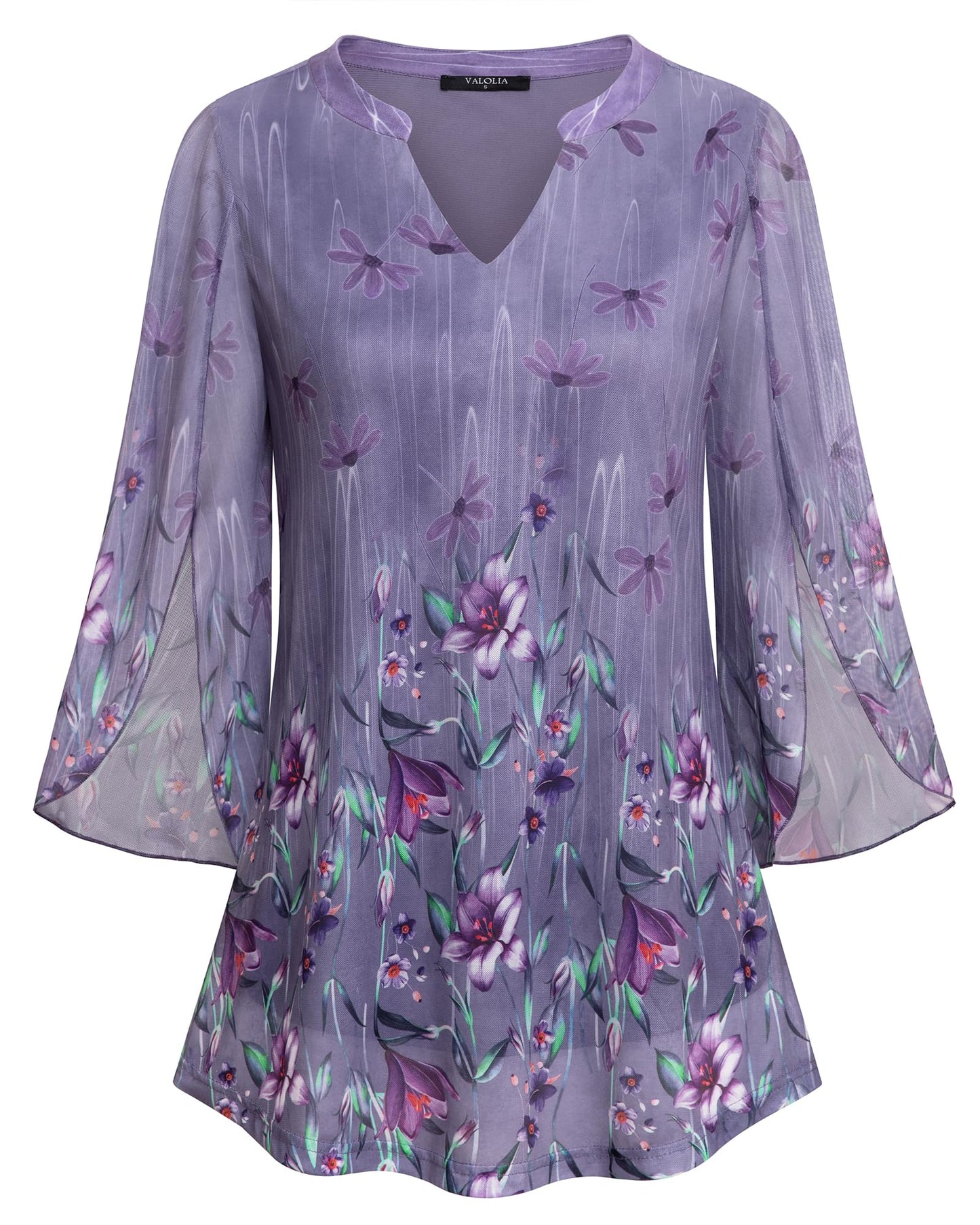 VALOLIA Women's 3/4 Sleeve Floral Tunic Tops V Neck Double Layers Loose Fit Mesh Blouses Shirt
