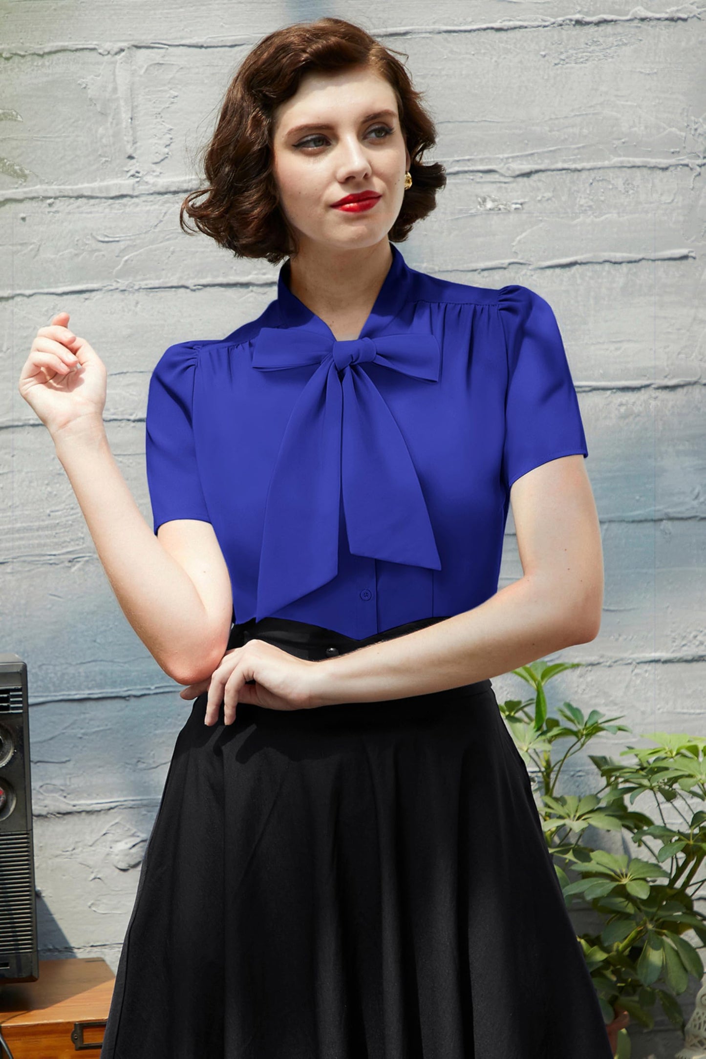 Belle Poque Summer Short Sleeve Office Button Down Blouse Stripe Shirt Tops with Bow Tie BP573