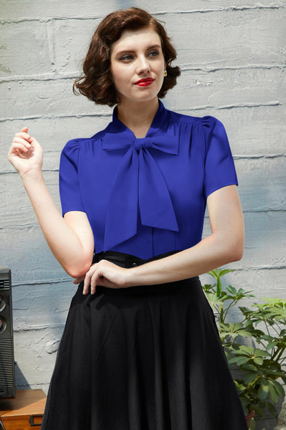 Belle Poque Summer Short Sleeve Office Button Down Blouse Stripe Shirt Tops with Bow Tie BP573