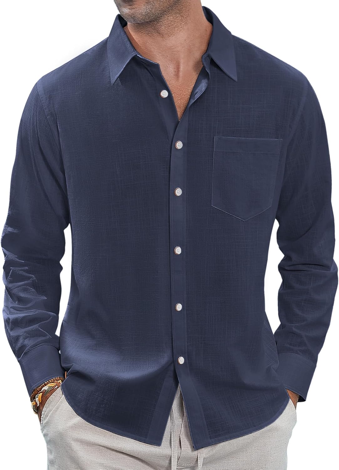 J.VER Men's Linen Shirts Casual Button Down Long Sleeve Shirt Solid Spread Collar Summer Beach Shirts with Pocket