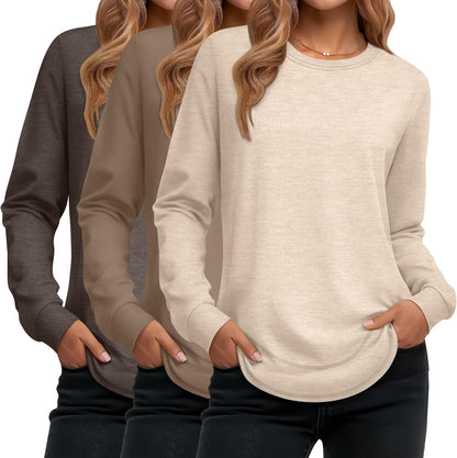 Ficerd 3 Pack Women's Long Sleeve Shirts, Cotton Crew Neck Tunic Tops Casual Loose Fit Pullover Sweatshirts Curved Hem Shirts