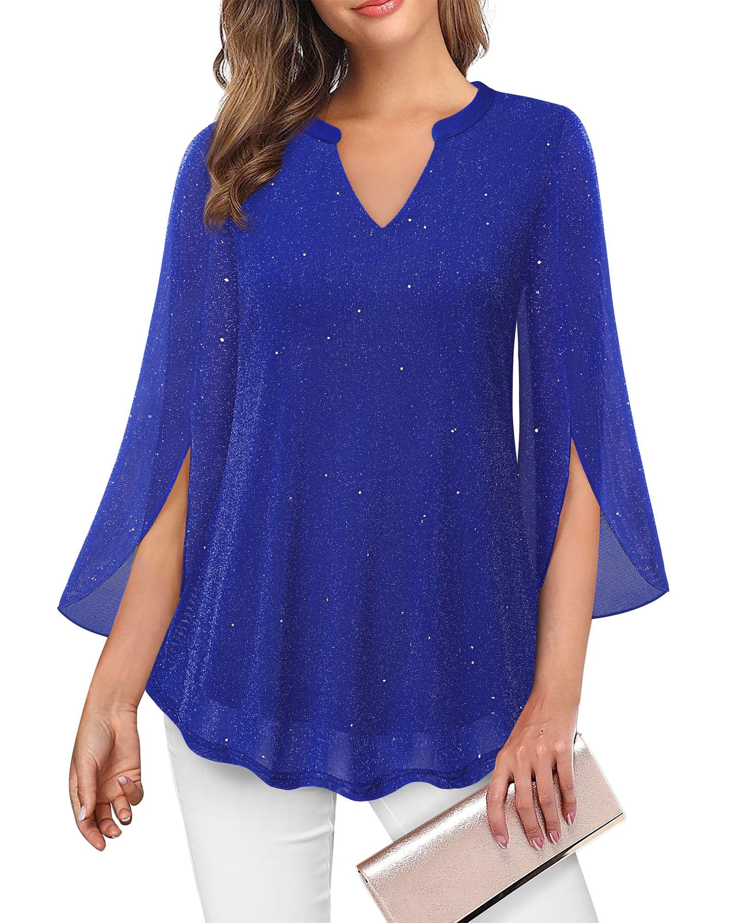 VALOLIA Women's 3/4 Sleeve Floral Tunic Tops V Neck Double Layers Loose Fit Mesh Blouses Shirt
