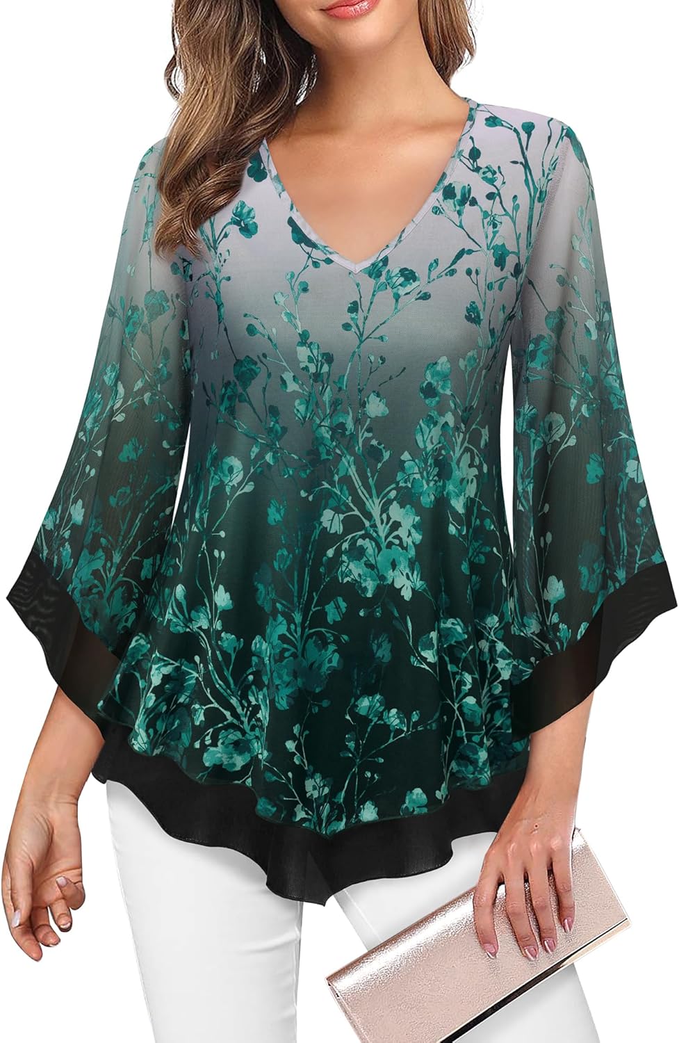 Lotusmile Womens Dressy Blouse Double Layers Mesh Shirt Ruffle 3/4 Flared Sleeve Tunic Tops