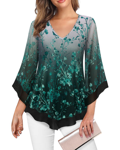 Lotusmile Womens Dressy Blouse Double Layers Mesh Shirt Ruffle 3/4 Flared Sleeve Tunic Tops