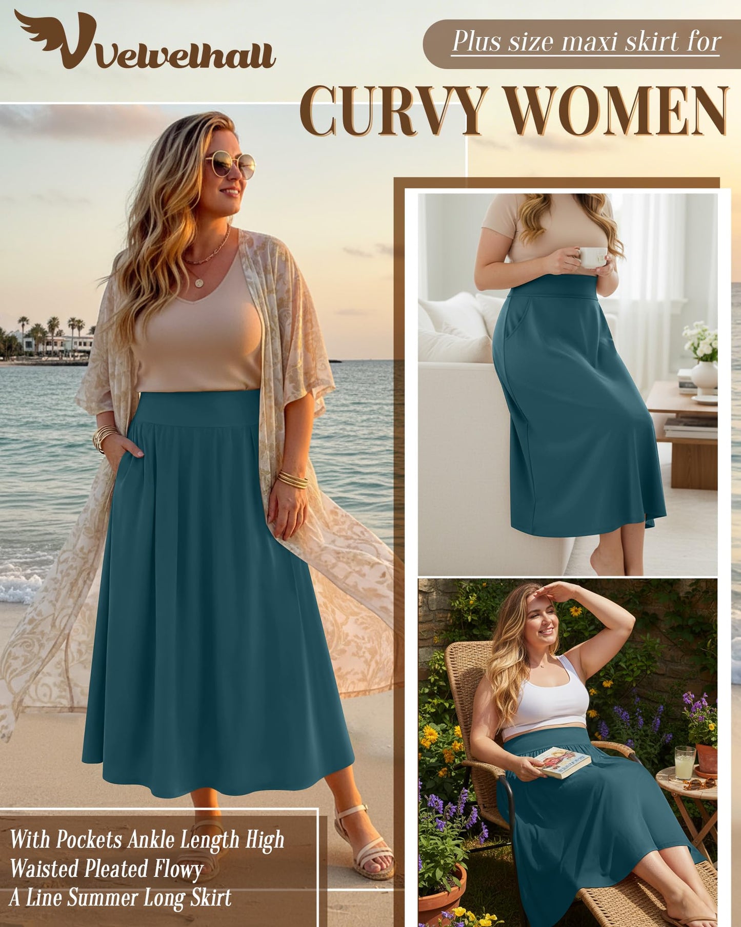 Plus Size Maxi Skirt for Curvy Women Pockets 2026 Ankle Length High Waisted Pleated Flowy a Line Summer Long Skirt
