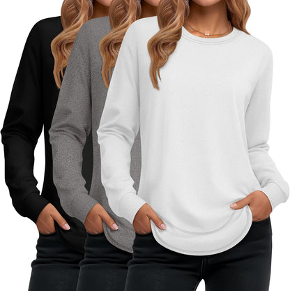 Ficerd 3 Pack Women's Long Sleeve Shirts, Cotton Crew Neck Tunic Tops Casual Loose Fit Pullover Sweatshirts Curved Hem Shirts