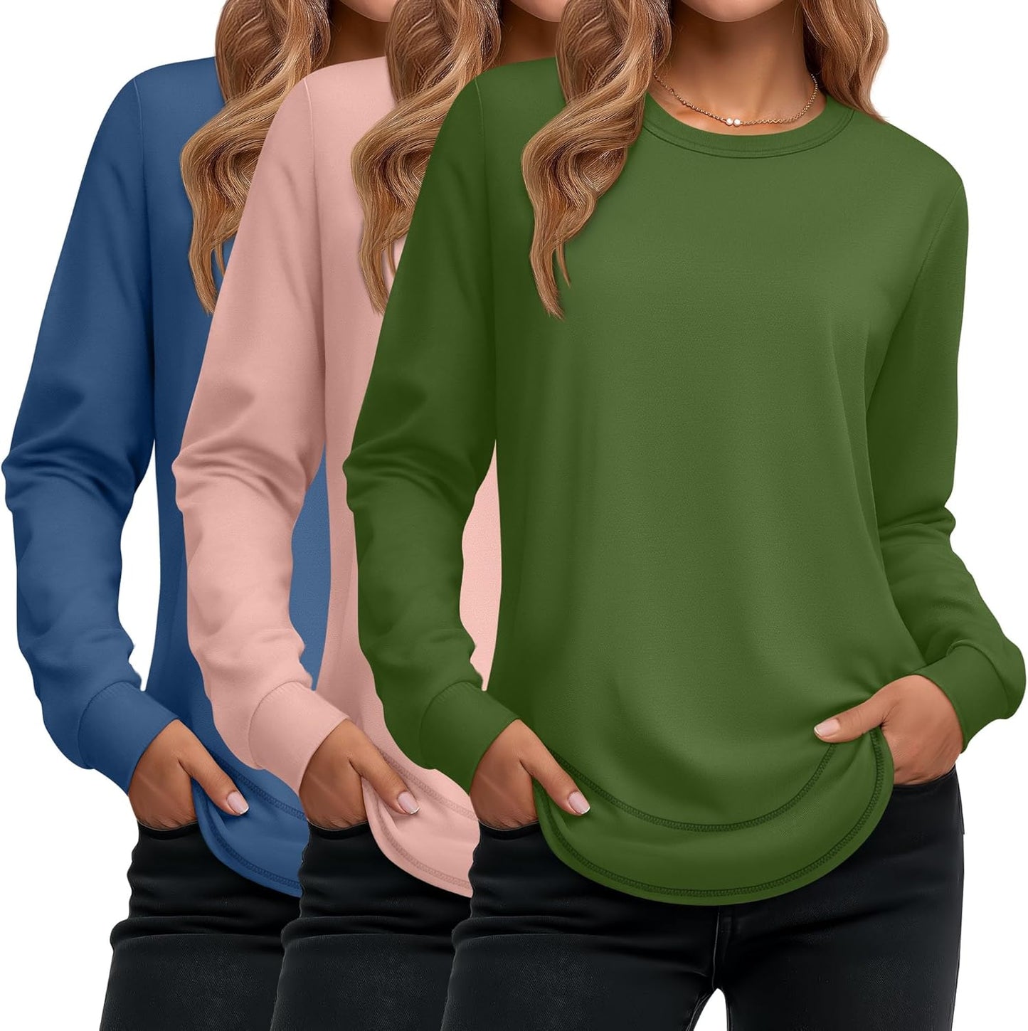 Ficerd 3 Pack Women's Long Sleeve Shirts, Cotton Crew Neck Tunic Tops Casual Loose Fit Pullover Sweatshirts Curved Hem Shirts
