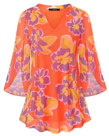 VALOLIA Women's 3/4 Sleeve Floral Tunic Tops V Neck Double Layers Loose Fit Mesh Blouses Shirt