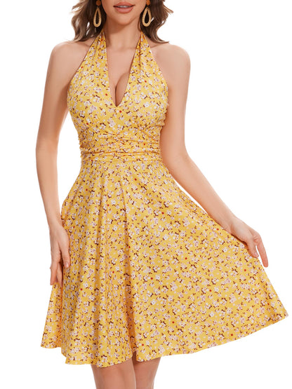 Women's Sexy Sundress Halter V Neck Tie Back Sleeveless Ruffle Mini Short Summer Beach Dresses
