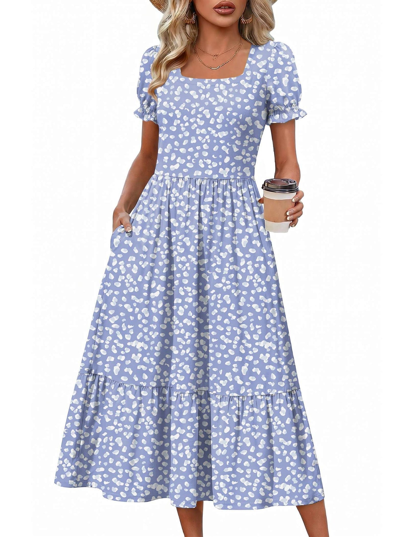 Zeagoo Summer Dresses for Women Flowy Casual Midi Dress Short Sleeve Tiered Dress Beach Vacation Sundresses with Pockets