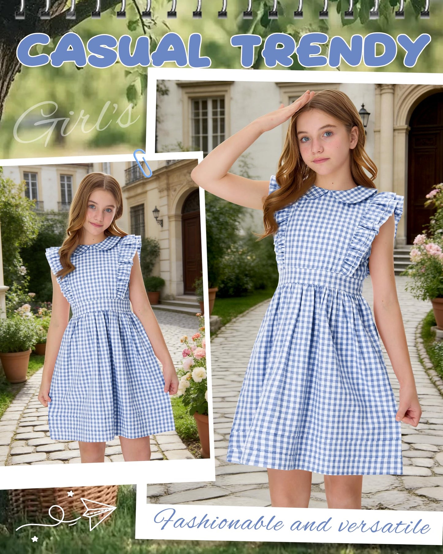 Xaatren Girls' Ruffle Sleeves Dress 5-14 Years Doll Collar Plaid Midi Length Gingham Flutter Pockets Summer Dress with Zipper