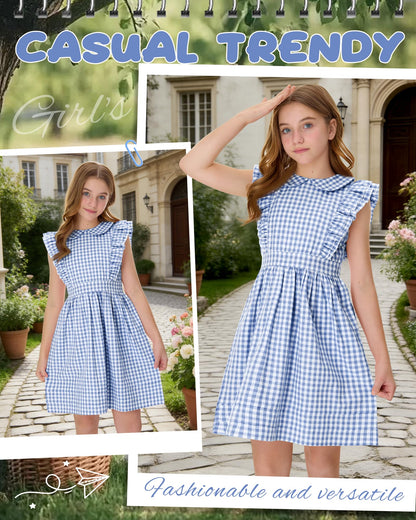 Xaatren Girls' Ruffle Sleeves Dress 5-14 Years Doll Collar Plaid Midi Length Gingham Flutter Pockets Summer Dress with Zipper