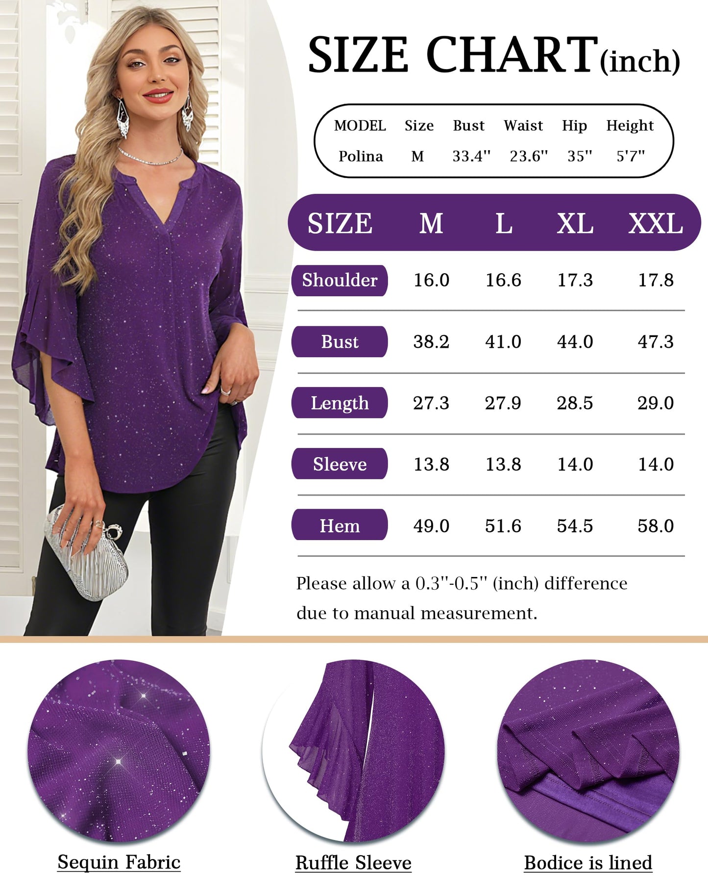 Ninedaily Womens Sparkly Tops 3/4 Sleeve Dressy Casual Sequin Blouses Double Layers Loose V Neck Shirt