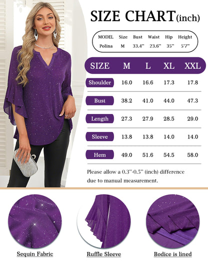 Ninedaily Womens Sparkly Tops 3/4 Sleeve Dressy Casual Sequin Blouses Double Layers Loose V Neck Shirt