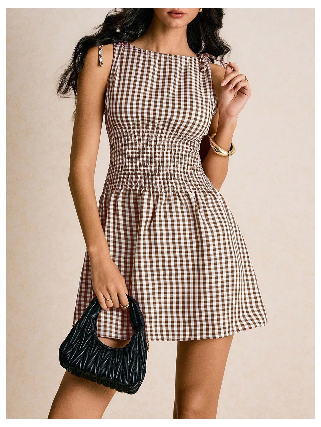 Floerns Women's Tie Shoulder A Line Gingham Dress Boat Neck Mini Checkered Elegant Dresses