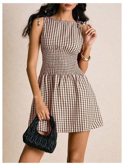 Floerns Women's Tie Shoulder A Line Gingham Dress Boat Neck Mini Checkered Elegant Dresses