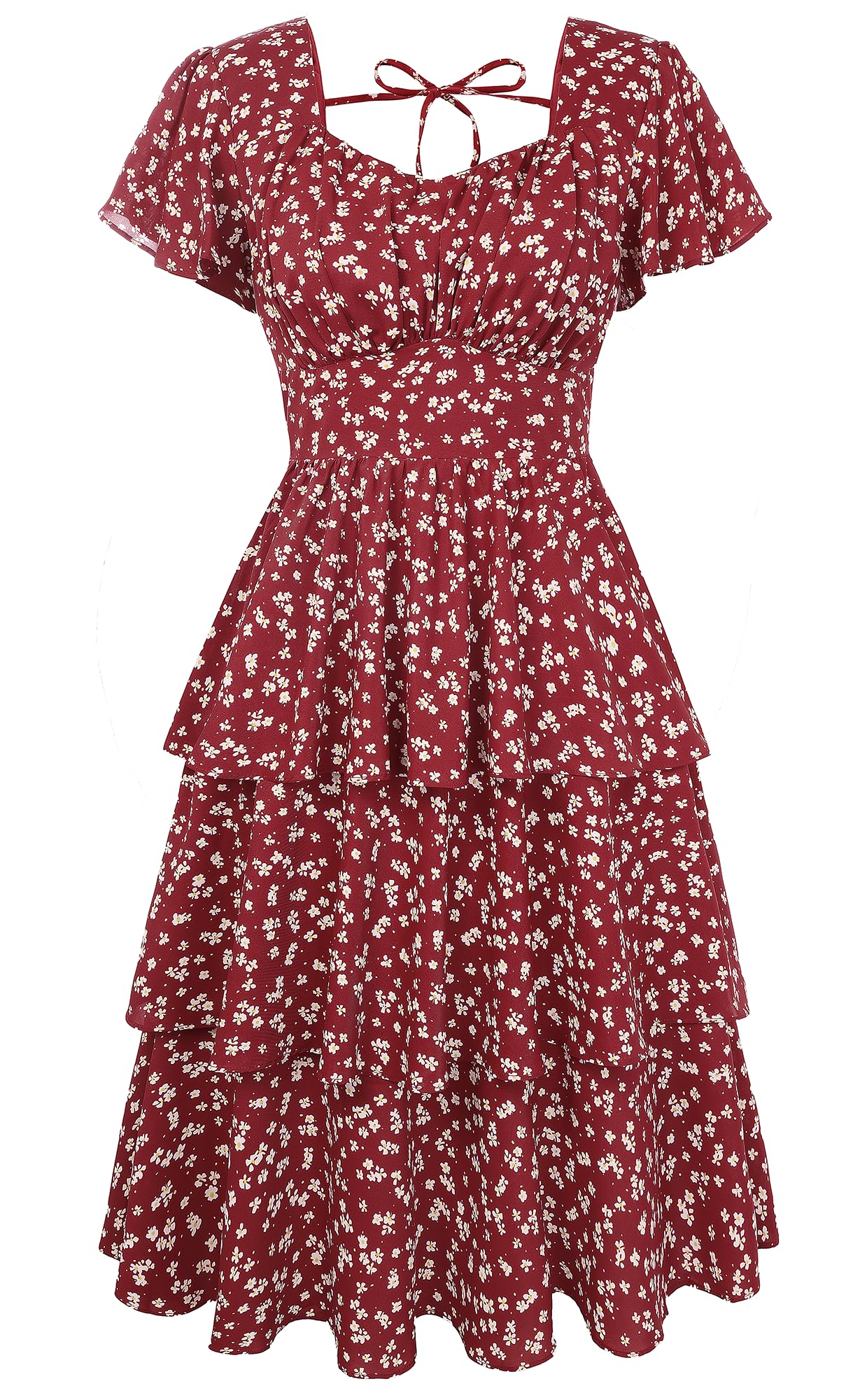 Belle Poque Women's Vintage Square Neck Dress 2026 Summer Short Sleeve Layered Tiered Ruffle A-line Swing Midi Dress